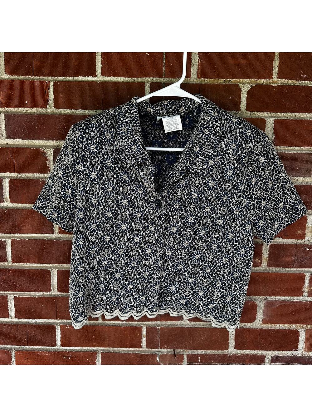 Vintage Miss Dorby Navy Beige Lace Mesh Crop Top Shoulder Pad Blouse